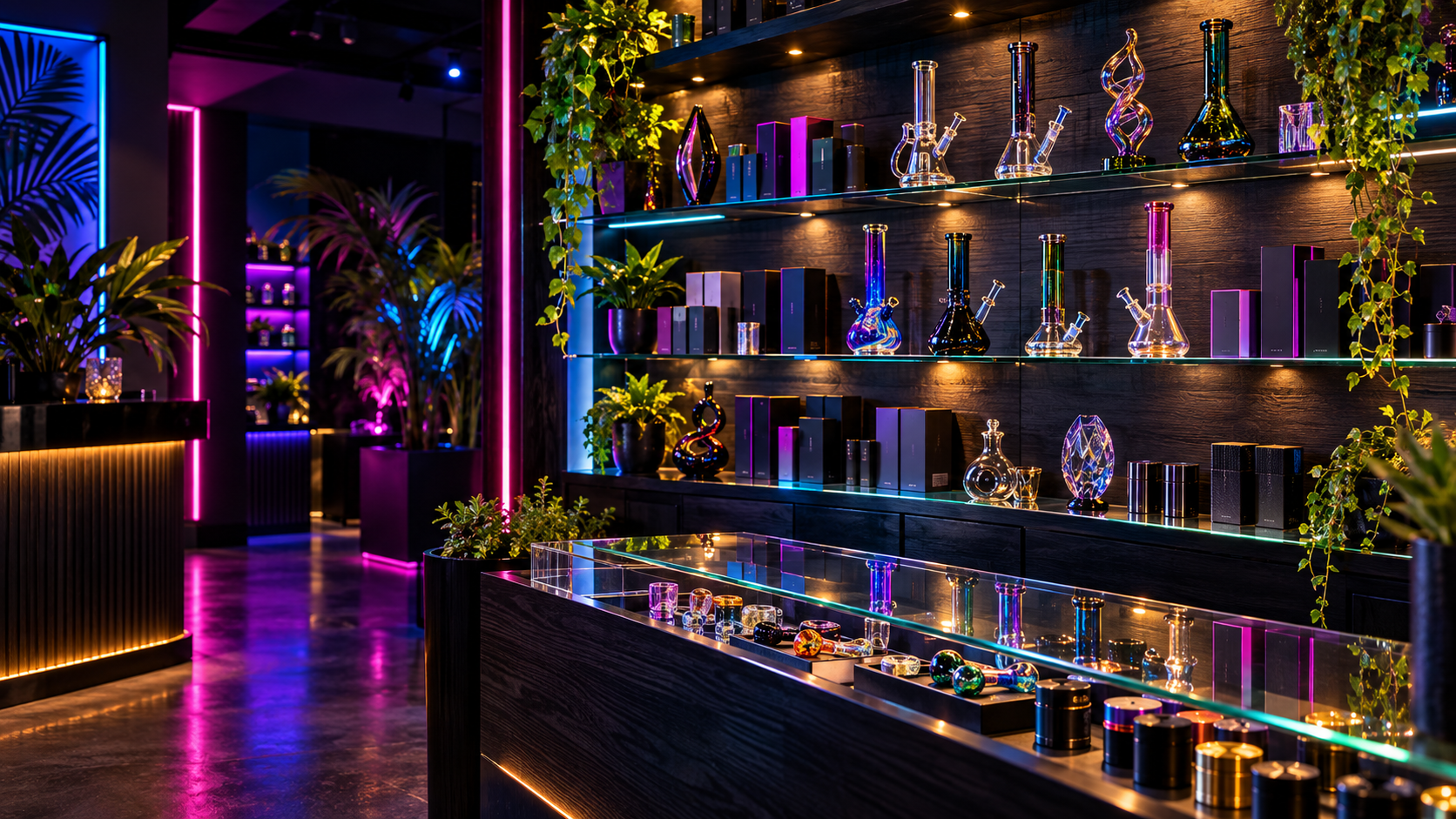 Illustrative dark woodgrain glass-art display with cyan and magenta lighting